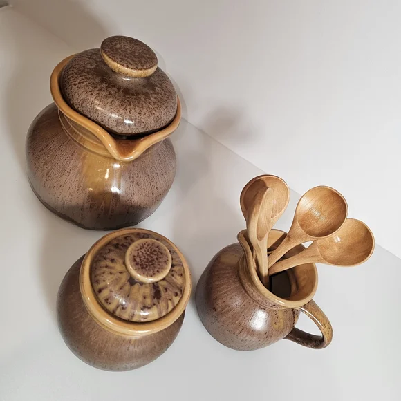 Rustic Brown Ceramic Kitchen Set with Wooden Spoons - Picture 1 of 3